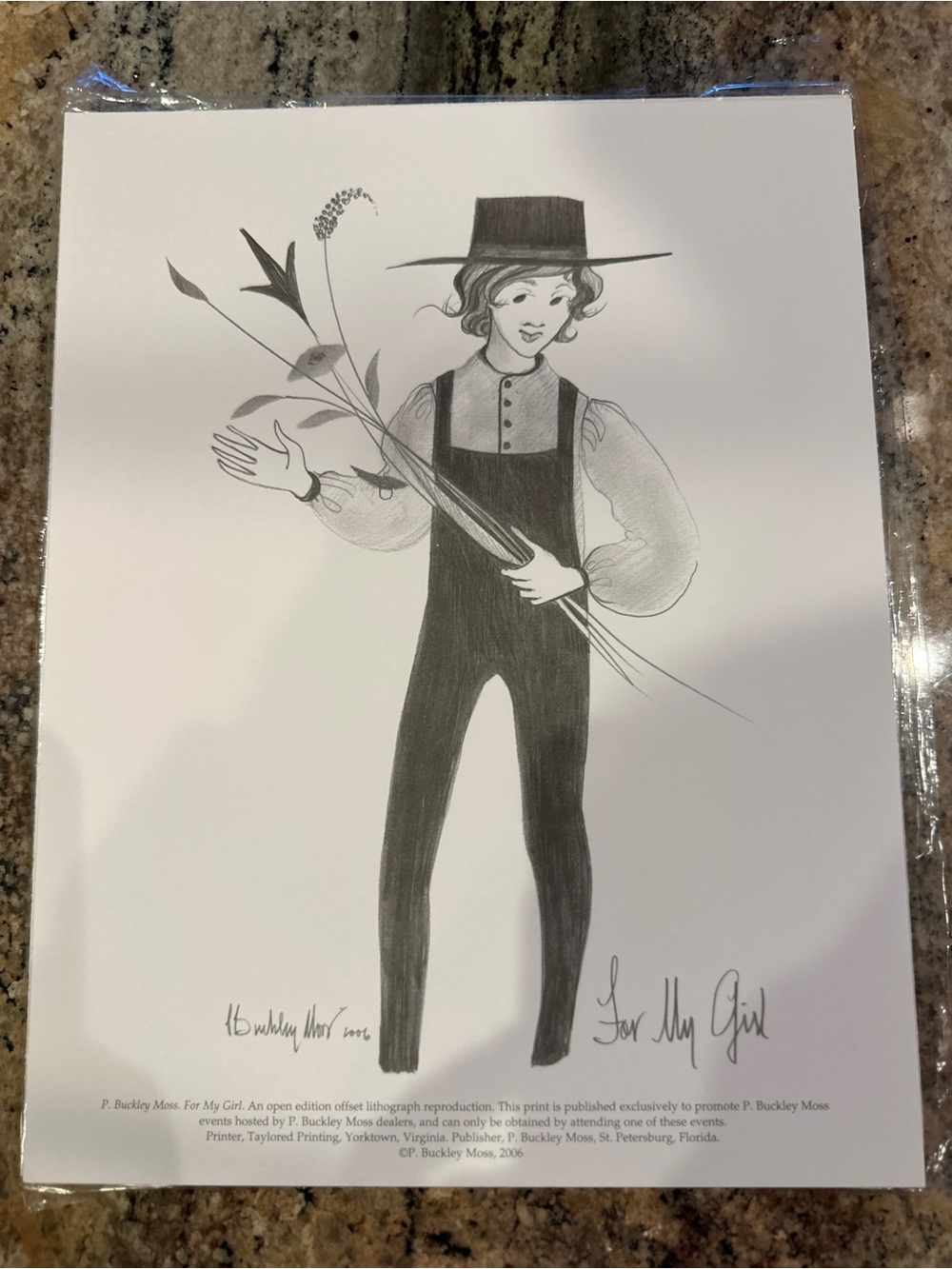 P Buckley Moss lithograph Black and White illustration 2006 FOR MY GIRL